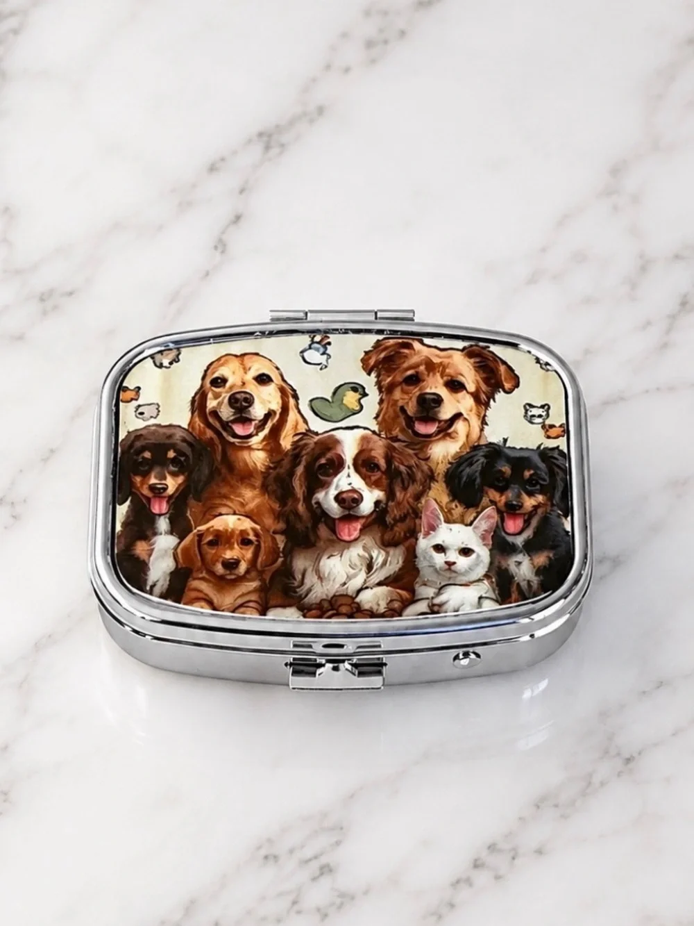 Puppy Theme Design Purse Pill Box/Travel Jewelry-Compact With Lidded Mirror